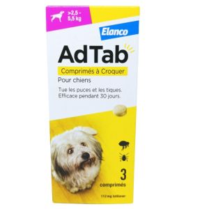 AdTab Comprimés à Croquer Puces et Tiques Chiens inf2.5-5.5 kg 3 Comprimés