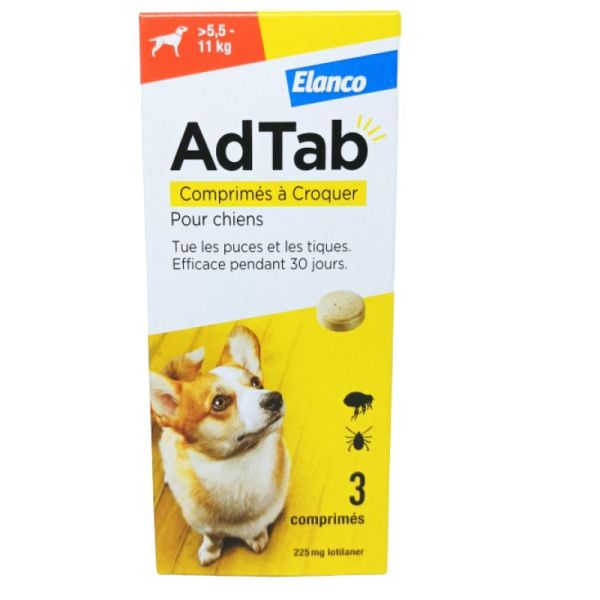 AdTab Comprimés à Croquer Puces et Tiques Chiens inf 5.5-11 kg 3 Comprimés