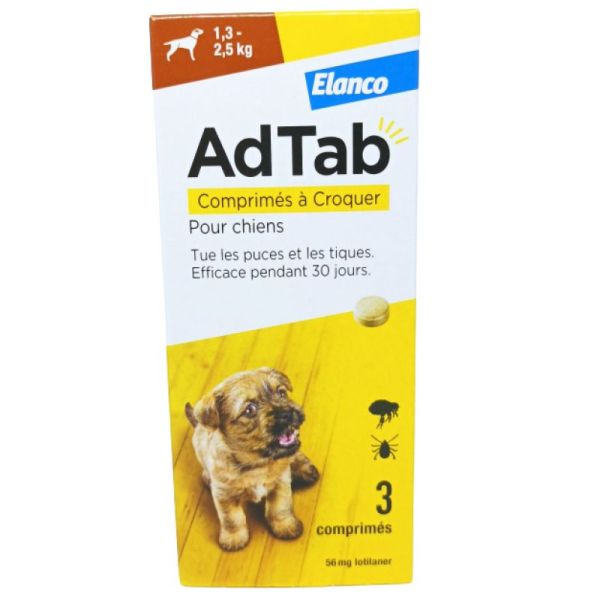 AdTab Comprimés à Croquer Puces et Tiques Chiens 1.3-2.5 kg 3 Comprimés