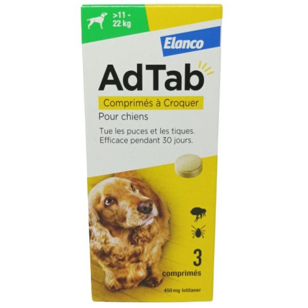 AdTab Comprimés à Croquer Puces et Tiques Chiens inf 11kg-22 kg 3 Comprimés