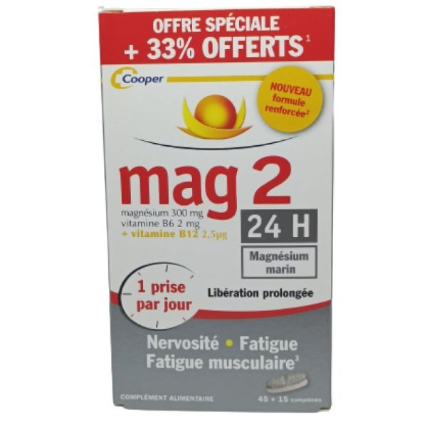 Mag 2 24h Comprimé Libération prolongée Nervosité Fatigue Boîte de 45 + 15 offert